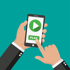 Media player app on smartphone screen. One hand holds smartphone and finger touch screen. Flat design vector illustration - stock vector