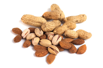 Mix of nuts close up on white background