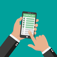 Hand holding the phone with finger pointing at checklist on it. Flat style - stock vector