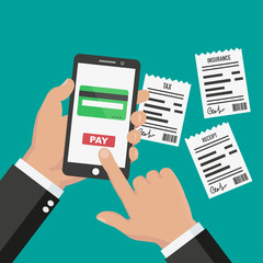 Mobile payment concept. Hand holding phone and finger pushing pay button. Flat vector icon