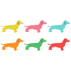 six colorful silhouettes of a Dachshund