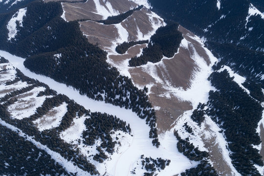 Aerial view of the Alpine skiing and snowboarding resort in mountains