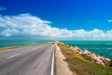 Road highway route leaving in ocean bulk man-made artificial dam from island of Cuba to Cayo Guillermo