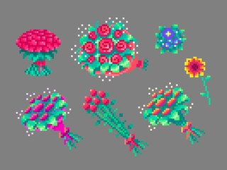 Pixel art bouquets set .