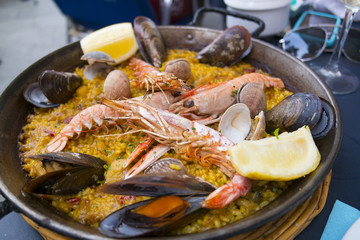 Seafood paella in a cafe in Barcelona, Spain