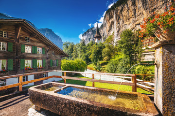 Naklejka premium Great view of alpine village. Location place Swiss alps, Lauterbrunnen valley, Europe. Beauty world