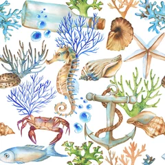Gordijnen Handgetekende aquarel zee patroon met onderwater object. Onderwater herhaalde achtergrond © anastasianio