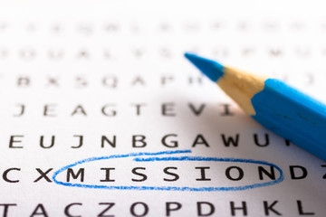 Word search, puzzle. Concept about finding, mission, goal, objective.