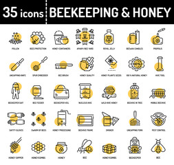 Honey beekeeping and apiculture line icons.