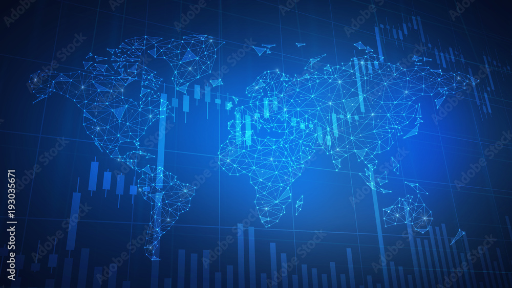 Poster bitcoin cash coin on hud background with bull trading stock chart and polygon world map. blockchain 