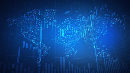 Bitcoin cash coin on hud background with bull trading stock chart and polygon world map. Blockchain technology network token grows in price on stock market.