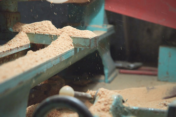 wood shavings on the workbench with tools for wood