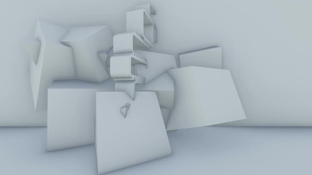 Moving abstract 3d white background with chaotic polygonal structure on the wall in empty digital interior.