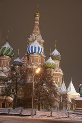 St. Basil's Cathedral on red square in winter time, Russia, Moscow, Maslenitsa