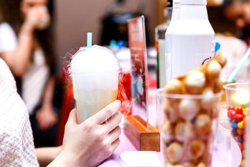 Cocktail with steam, drink with nitrogen