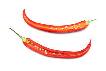 sliced red hot chili peppers isolated on white background