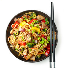 Plate of noodles with meat and vegetables