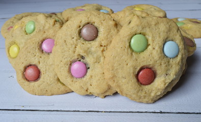 Homemade, round crispy cookies with colorful candy,  perfect for children