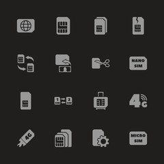 Sim Cards icons - Gray symbol on black background. Simple illustration. Flat Vector Icon.