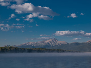 Lake With Mountains, Blue Sky and White Clouds Horizontal