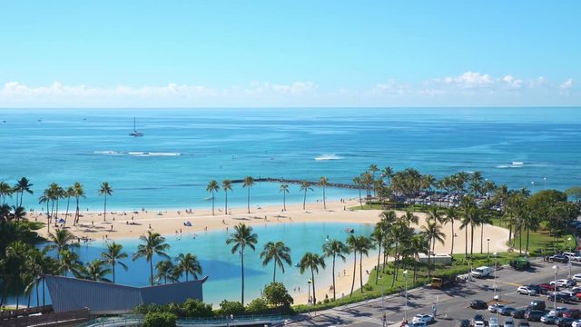 Professional video of view at Waikiki beach in Honolulu Hawaii in 4k slow motion 60fps
