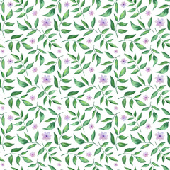 Decorative seamless pattern with pink flowers and branches of green leaves on white background