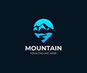 Mountain point logo template. Mountain river and pointer vector design. Traveling illustration