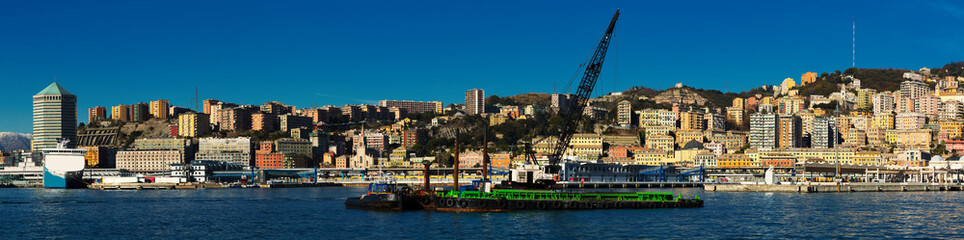 Panorama of Genoa and Old Port with floating sheerleg