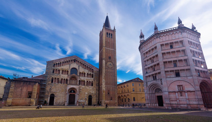 Ancient Piazza Duomo , cathedral and baptistery,  Parma
