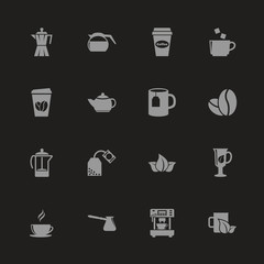 Tea and Coffee icons - Gray symbol on black background. Simple illustration. Flat Vector Icon.