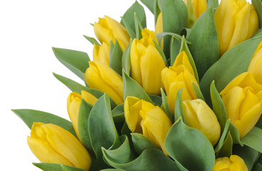 Bouquet of yellow tulips, copy space. Spring fresh flowers,  mockup for mothers day, valentine or wedding greeting card