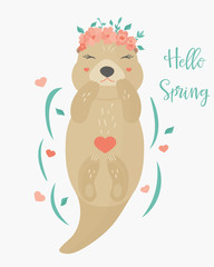 Vector illustration. Hello spring card with otter