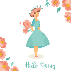 Vector illustration. Hello spring card with girl