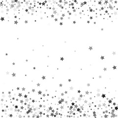 Abstract pattern of random falling silver stars on white background. Glitter template for banner, greeting, Christmas and New Year card, invitation, postcard, paper packaging. Vector