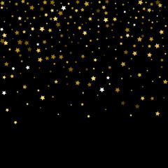 Abstract pattern of random falling gold stars on black background. Glitter pattern for banner, greeting card, Christmas and New Year card, invitation, postcard, paper packaging. Vector