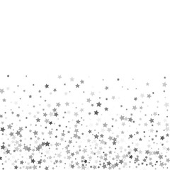 Abstract pattern of random falling silver stars on white background. Glitter pattern for banner, greeting card, Christmas and New Year card, invitation, postcard, paper packaging. Vector