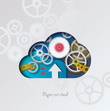 Paper cut cloud. Colorful cloud, with 3D gear mechanism on a silver, metallic background. Cloud download, cloud technologies. Modern vector illustration. Banner, card.