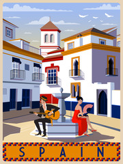 Summer day in small town, Andalusia, Spain. Handmade drawing vector illustration. Retro style.