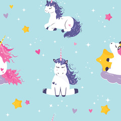 Seamless pattern with cute dreaming unicorns