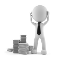 Überarbeiteter Arbeiter steht neben seinen Akten und schafft Arbeitspensum nicht mehr