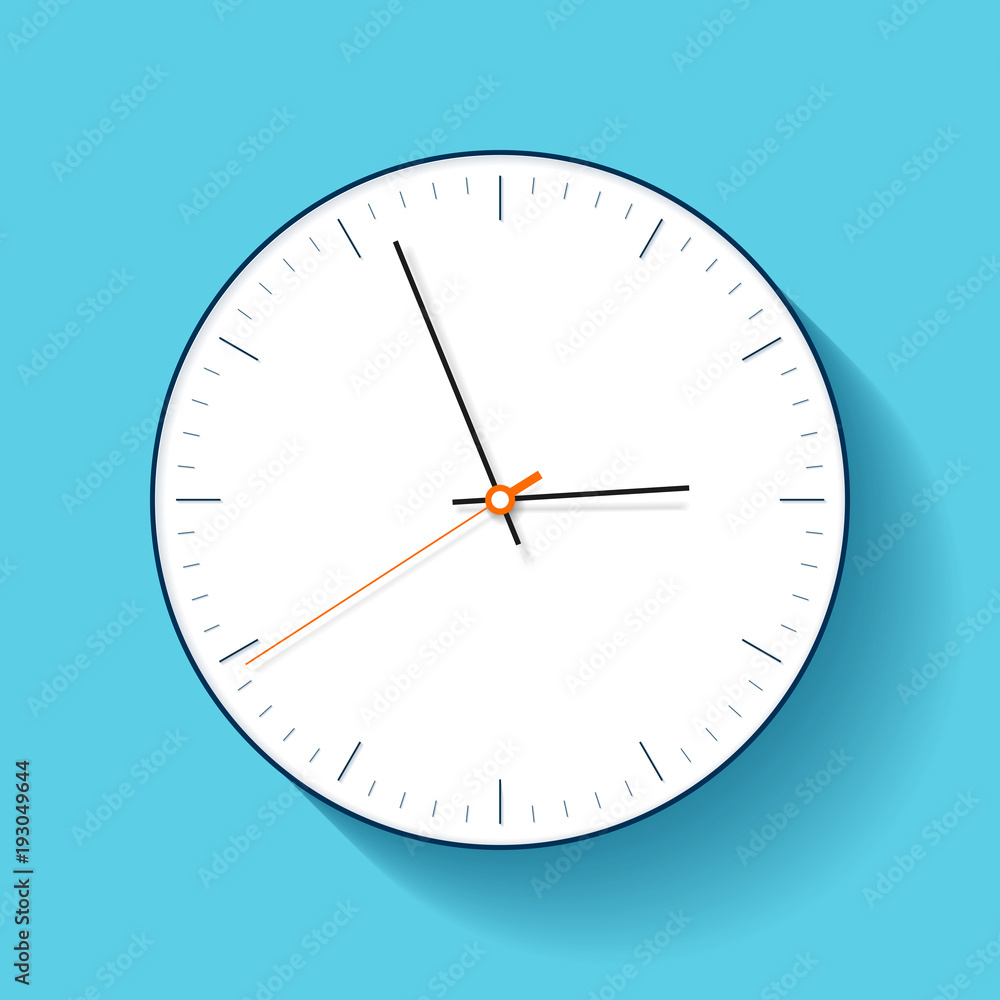Poster simple clock icon in flat style, minimalistic timer on blue background. business watch. vector desig
