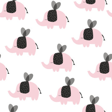 Cute seamless pattern with flying elephants. Vector hand drawn illustration.
