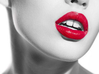 Red lips on black and white photo