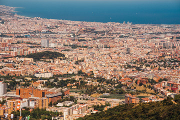 Scenic aerial view from Tibidabo mountain over the city of Barcelona, Spain