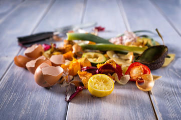 Organic leftovers, kitchem scraps, waste from vegetable ready for recycling and to compost. Collecting food leftovers for composting. Environmentally responsible behavior, ecology concept. Copy space.