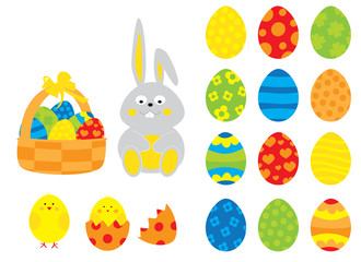 Colorful Easter eggs, chicks and bunny collection/ simple vectors Easter objects set for children/ on white background 