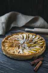 Baked apple pie, tart with cinnamon and star anice with sackcloth on dark wooden background.