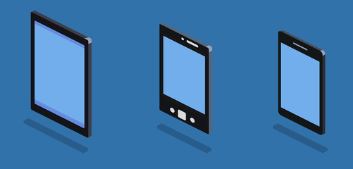 Isometric 3D vector illustration concept collection of technology. Smartphone, tablet and bookreader