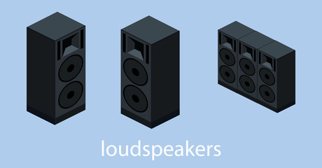 Isometric 3D vector illustrationconcept collection of technology. Speakers for music, sound amplifier