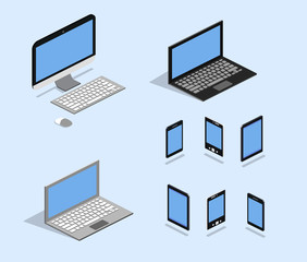 Isometric 3D flat illustration concept collection of technology. Laptop, computer, smartphone, tablet and bookreader